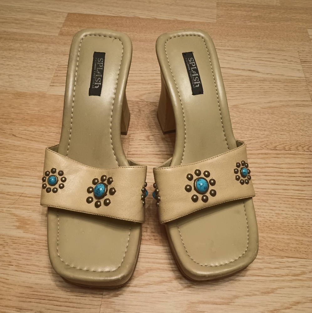 vintage 90s y2k splash wood heel sandals faux turquoise stones size 9